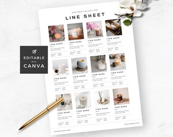 May include: A line sheet template for a candle business. The template is designed to be used with Canva and includes space for the item name, SKU, short description, price, and wholesale price. The template also includes a space for the business name and website.