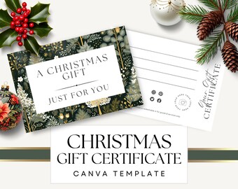 Christmas Festive Gift Certificate Template, Small Business Custom Holiday Gift Voucher, Xmas Marketing and Promo Edit in Canva, Green Trees