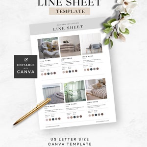 May include: A line sheet template for a new collection of home goods. The template features six product images with placeholders for item name, SKU, price, and description. The template is editable with Canva and is US letter size.