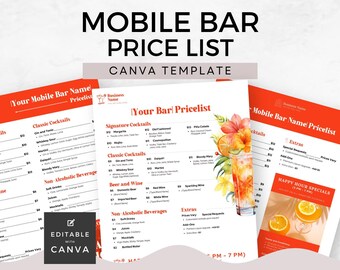 Puede incluir: Una plantilla de Canva de tres páginas para una lista de precios de bar móvil. La plantilla presenta un esquema de color rojo y blanco con ilustraciones de acuarela de flores tropicales y cócteles. La plantilla incluye secciones para cócteles clásicos, cócteles de autor, bebidas no alcohólicas, cerveza y vino, y extras. La plantilla también incluye una sección para ofertas de happy hour.