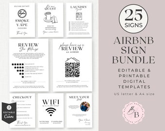 Paquete de letreros de AirBNB, carteles de señalización de alquiler a corto plazo, paquete de host de AirBNB, alquiler de vacaciones o VRBO, impresión de plantilla Canva editable en casa CL14