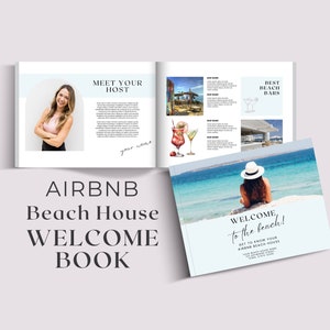 May include: A welcome book for an Airbnb beach house. The cover features a photo of a woman sitting on a rock overlooking the ocean. The text on the cover reads "Welcome to the beach!" and "Get to know your Airbnb Beach House".