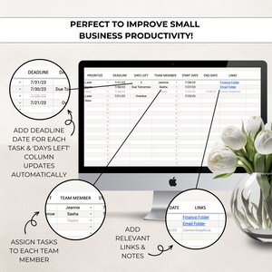 May include: A computer screen displaying a spreadsheet with columns for deadline, days left, team member, start date, end date, and links. The spreadsheet is used to track tasks and deadlines. The text "PERFECT TO IMPROVE SMALL BUSINESS PRODUCTIVITY!" is at the top of the screen.