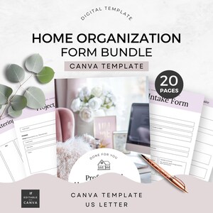 May include: A digital template bundle for home organization, featuring 20 pages of printable forms. The bundle includes a project intake form and other forms for organizing your home. The template is designed for use with Canva and is in US Letter size.