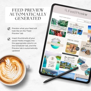 May include: A tablet screen displaying a feed preview tool for social media. The tool shows a grid of nine images, each with a different travel-themed design. The text on the screen reads "Feed Preview" and "Select Start Date".