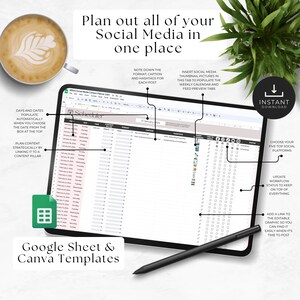 May include: A digital screen displaying a Google Sheet template for planning social media content. The template includes a calendar, content pillar, caption, and link to social media platforms. The text "Plan out all of your Social Media in one place" is at the top of the screen.