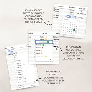 May include: A screenshot of a digital task management system with a calendar, drop-down menus, and a list of tasks. The calendar shows the month of July 2023 with the 21st highlighted. The drop-down menus allow users to select the category, status, and priority of each task. The task list includes tasks with different statuses, such as "Completed", "Started", "Cancelled", "Paused", and "Needs Attention".