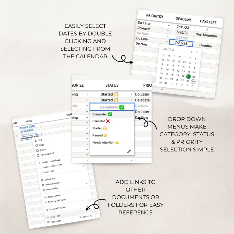 May include: A screenshot of a digital task management system with a calendar, drop-down menus, and a list of tasks. The calendar shows the month of July 2023 with the 21st highlighted. The drop-down menus allow users to select the category, status, and priority of each task. The task list includes tasks with different statuses, such as "Completed", "Started", "Cancelled", "Paused", and "Needs Attention".