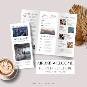 May include: A trifold brochure template for Airbnb hosts. The brochure features a welcome message, house rules, check-out instructions, and local recommendations. The brochure is designed in a modern, minimalist style with black and white text on a white background.