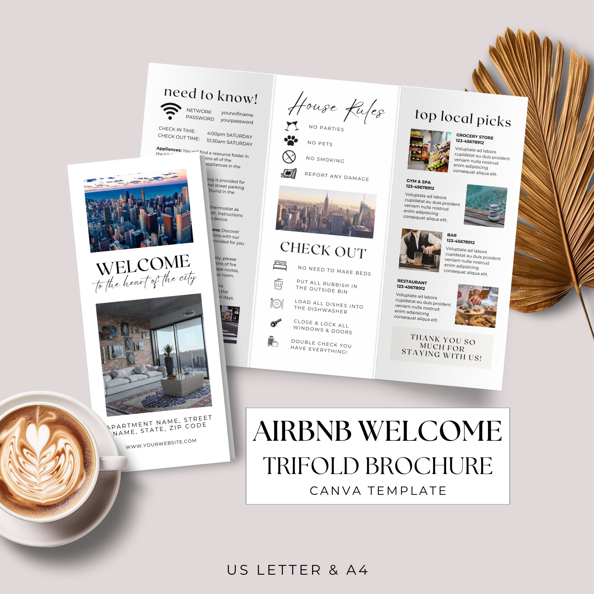 Airbnb Welcome Trifold Brochure Canva Template, City Break Theme Double ...