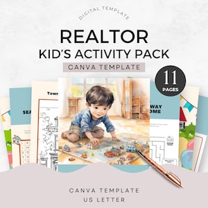 May include: A printable activity pack for kids featuring a child playing with a miniature town model. The pack includes 11 pages of activities, such as a maze, a word search, and a coloring page. The pack is designed for real estate agents to use with their clients' children.