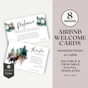Modèle de carte de bienvenue AirBNB sur toile, maison de montagne, note d'arrivée du voyageur en chalet, voeux de location courte durée VRBO, scène de forêt aquarelle CL12