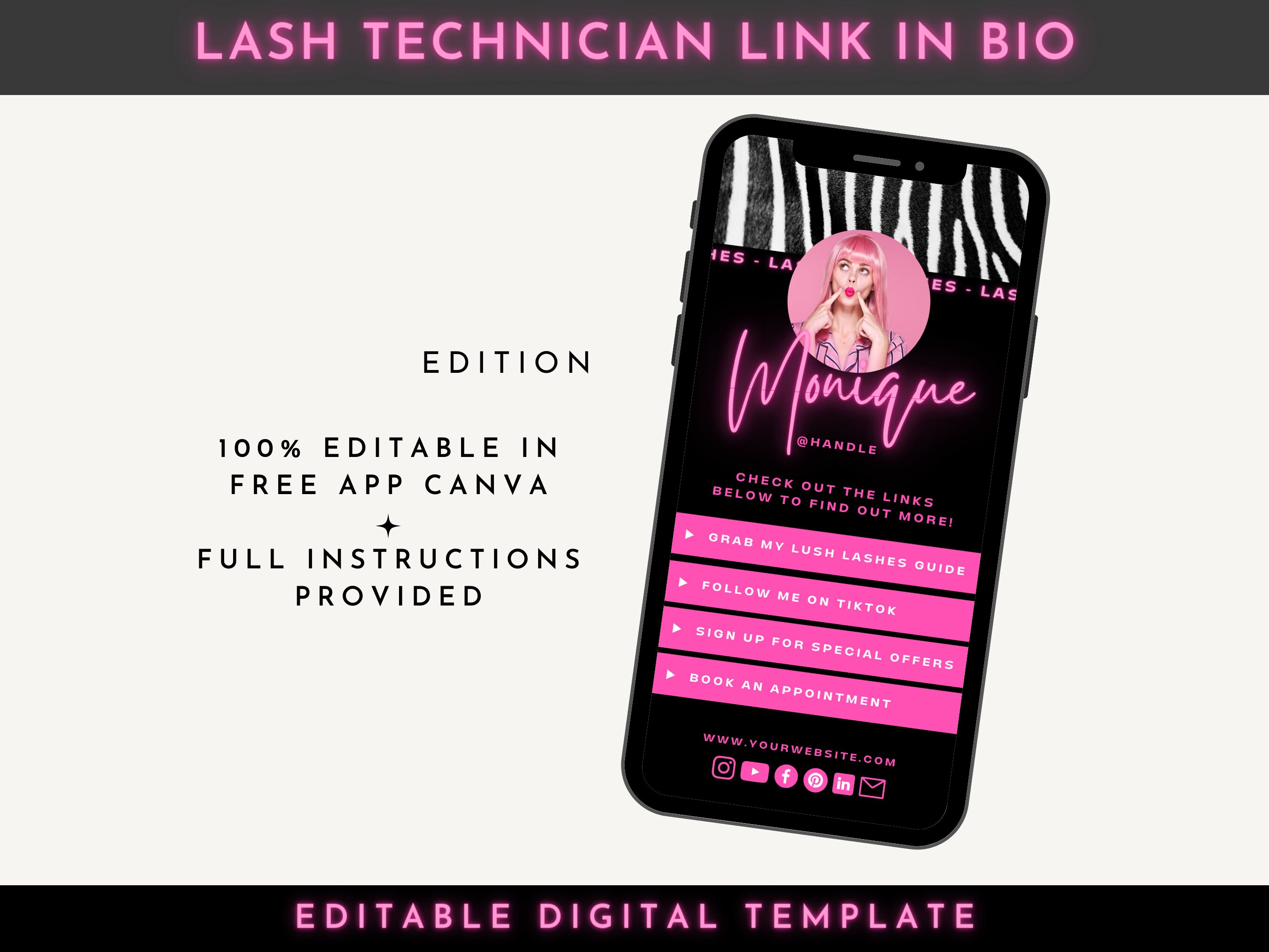 Lash Tech Linktree alternative Lash artist Link in Bio Lash Technician mini landing page Canva Template Digital download Hot Pink Neon CL21