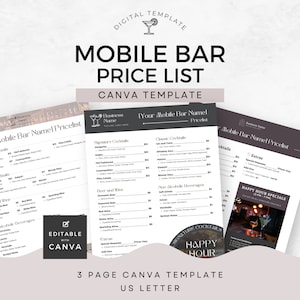 May include: A three-page Canva template for a mobile bar price list. The template includes sections for signature cocktails, classic cocktails, beer and wine, non-alcoholic beverages, and extras. The template is editable and can be customised with your own business name and prices.