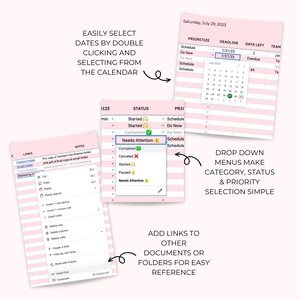 May include: A pink and white digital calendar with a drop-down menu for selecting task status, priority, and category. The calendar has a column for deadlines, days left, and team members. The image also shows a drop-down menu for adding links to other documents or folders for easy reference.