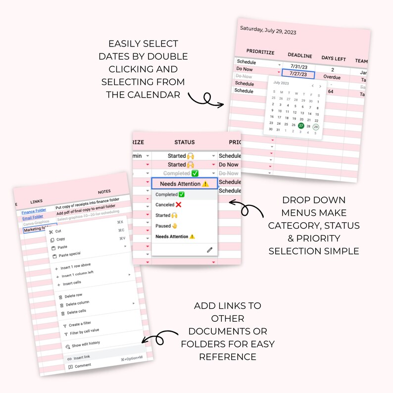 May include: A pink and white digital calendar with a drop-down menu for selecting task status, priority, and category. The calendar has a column for deadlines, days left, and team members. The image also shows a drop-down menu for adding links to other documents or folders for easy reference.