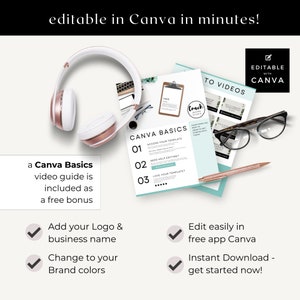 May include: Editable Canva template featuring a pink and white headset, glasses, and a pen. The template includes a Canva Basics video guide, instructions to access the template, edit it, and customise it. The text "Editable with Canva" is in a white box with a tick icon.