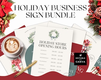 Christmas Sign Bundle, Holiday Business Hours, Small Business Marketing, Canva Template, Festive Sale, Gift Return Policy, Opening Times