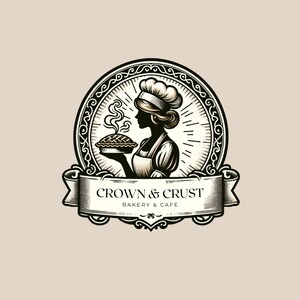 May include: A vintage-style logo for a bakery and cafe called "Crown & Crust". The logo features a black and white illustration of a baker holding a pie in a decorative frame.