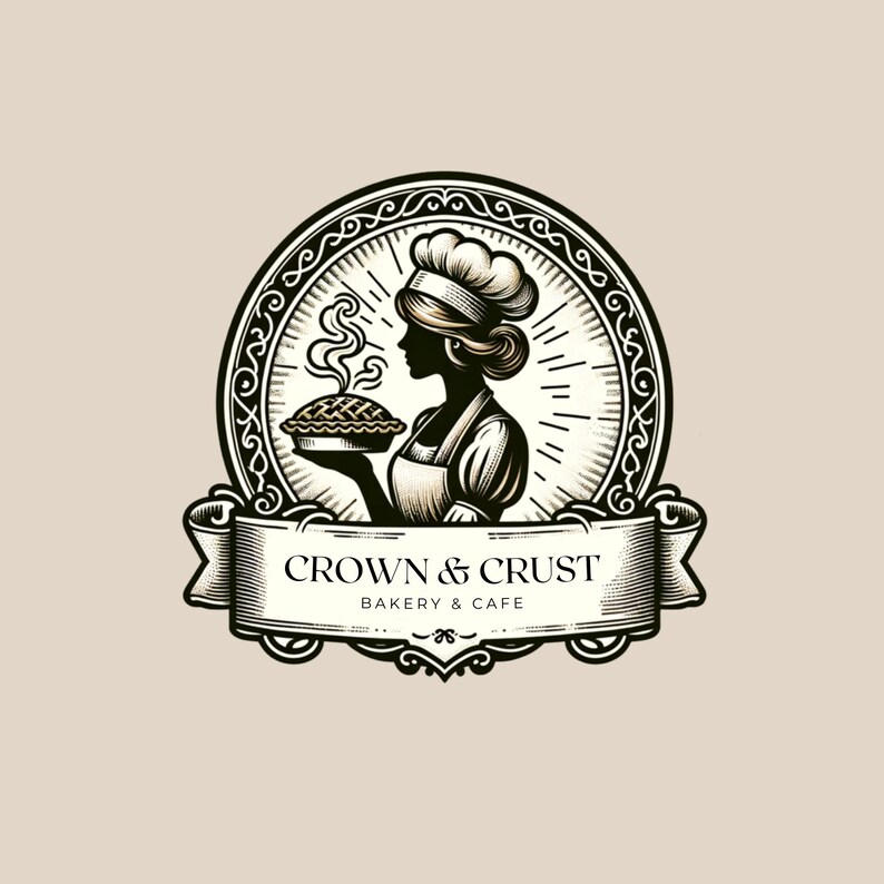 May include: A vintage-style logo for a bakery and cafe called "Crown & Crust". The logo features a black and white illustration of a baker holding a pie in a decorative frame.