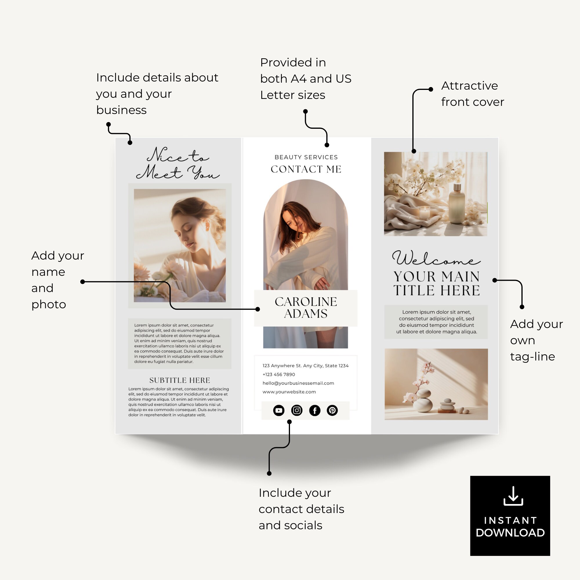 Canva Pamplet Template Editable Trifold Brochure for Beauty Therapist