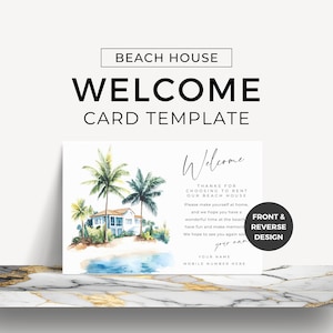 Beach House Coastal Vacation Rental Guest Card Welcome Arrival Message Card Edit in Canva Template AirBnB Rental VRBO Promotions Watercolor