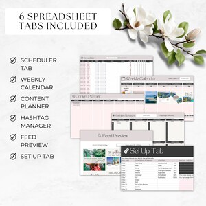 May include: A pink and white spreadsheet template with six tabs: Scheduler, Weekly Calendar, Content Planner, Hashtag Manager, Feed Preview, and Set Up Tab. The tabs are designed for social media content planning and scheduling.