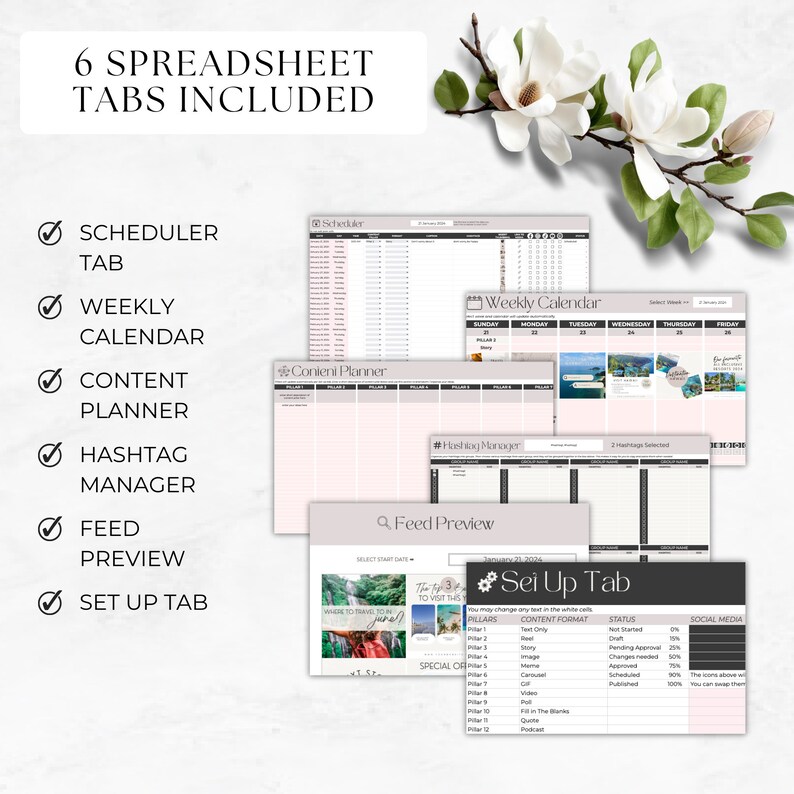 May include: A pink and white spreadsheet template with six tabs: Scheduler, Weekly Calendar, Content Planner, Hashtag Manager, Feed Preview, and Set Up Tab. The tabs are designed for social media content planning and scheduling.