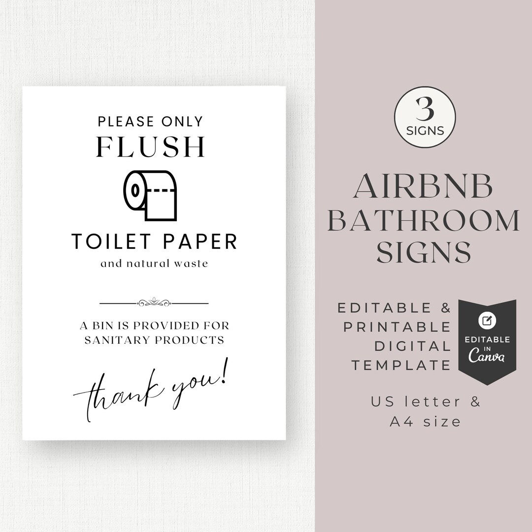 Airbnb Bathroom Sign Template, Do Not Flush, Use Dark Towels, Editable in Canva, Short Term ...