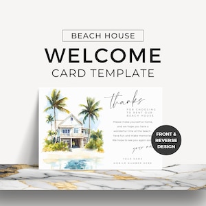 Rental Guest Card Welcome Beach House Coastal Vacation Arrival Message Card Edit in Canva Template AirBnB Rental VRBO Promotions Watercolor