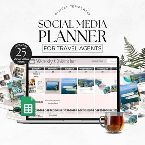 May include: A laptop computer screen displaying a social media planner for travel agents. The planner includes a weekly calendar with days of the week, a section for social media posts, and a section for scheduling posts. The screen also shows a sample post with a picture of a tropical island. The laptop is on a white surface with a cup of tea next to it.