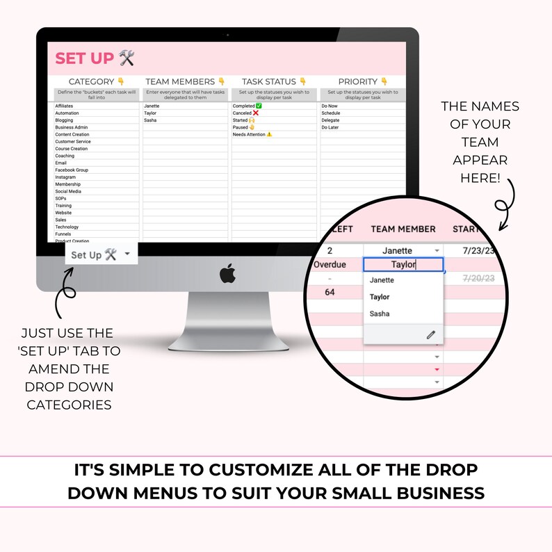 May include: A computer screen displaying a spreadsheet with columns labeled "Category", "Team Members", "Task Status", "Priority", and "Left". The spreadsheet is used to organize tasks and assign them to team members. The text "Set Up" is visible in the top left corner of the screen.