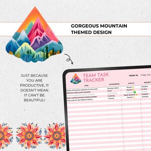 May include: A pink and white digital planner with a mountain range design. The planner has a section for categorizing tasks, status, and priority. The text "Team Task Tracker" is at the top of the planner.