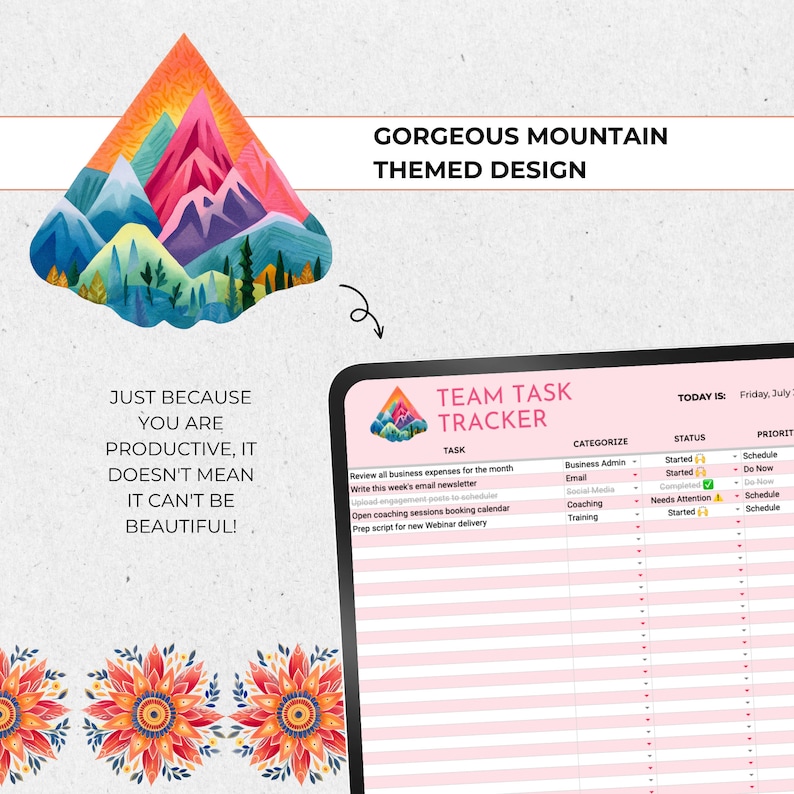 May include: A pink and white digital planner with a mountain range design. The planner has a section for categorizing tasks, status, and priority. The text "Team Task Tracker" is at the top of the planner.