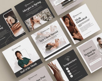 Acupuncture Insta Posts Social Media Instagram Feed Small Business Promo Alternative Therapy IG Marketing Branding Editable Canva Template