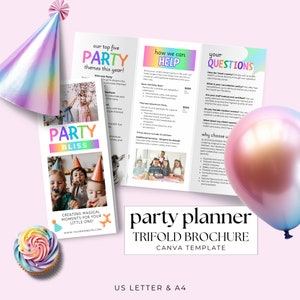 May include: A trifold brochure for a party planning business. The brochure has a rainbow colour scheme and features a party hat, cupcake, and balloons. The text on the brochure reads "our top five party themes this year!" "how we can help" and "your questions".