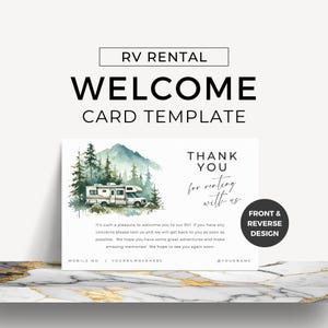 RV ウェルカムカード レンタルゲスト到着メッセージカード キャンピングカー Canva テンプレートで編集 キャンピングカーレンタル 素朴なキャンピングカー プロモーション 水彩画