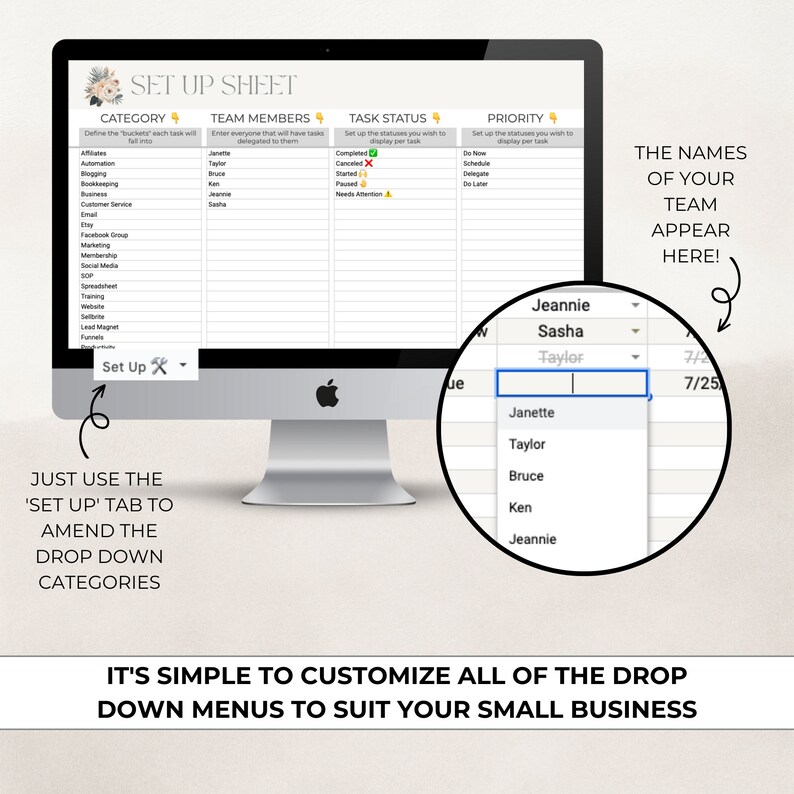 May include: A computer screen displaying a spreadsheet with the title "Set Up Sheet". The spreadsheet has columns for category, team members, task status, and priority. The spreadsheet is used to organise tasks and assign them to team members. The names of the team members are listed in a drop-down menu on the right side of the screen.