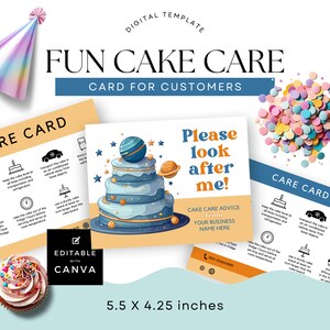 Cake Care-kaartinstructies, ruimteverjaardagsthema, bakkerijtaartdecoratiebedrijf, afdrukbaar bewerkbaar in Canva-sjabloon, helder retroplezier