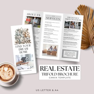 Panfleto de negócios imobiliários, modelo Canva, folheto editável com três dobras, folheto frente e verso para dobrar, promoção para impressão A4 e carta dos EUA
