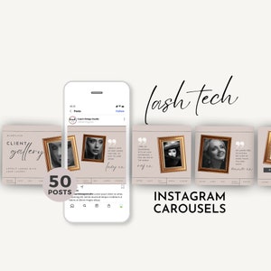 May include: A set of four Instagram carousel templates for lash technicians. Each template features a black and white photo of a woman with a quote about lash extensions. The templates are designed in a minimalist style with a gold frame and a white background.