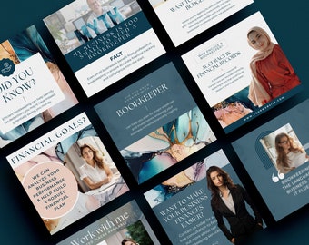 May include: A series of colorful Instagram story graphics with text about bookkeeping and financial planning. The graphics feature a blue and green watercolor background with gold accents. The text includes "Did you know?", "My business is too small to need a bookkeeper", "Financial Goals?", "Want to master your budgeting?", "Why engage a bookkeeper?", "Accuracy in financial records", "Work with me", "Want to make your business finances easier?", and "Bookkeeping is the language business. It flows."