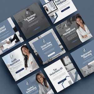 Puede incluir: Nueve plantillas de publicaciones de Instagram para un negocio de asesoría financiera. Cada plantilla presenta un esquema de color azul y blanco con un gráfico de línea y una persona. El texto en las plantillas incluye: "Sesión de estrategia fiscal", "Asistencia de auditoría", "Contabilidad sin estrés", "Gestión de la deuda", "Contabilidad detallada", "Principios de deducción fiscal", "Planificación de la jubilación" y "Webinar gratuito".