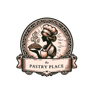 May include: A vintage-style logo for a bakery called "The Pastry Place". The logo features a woman in a chef's hat holding a pie, with a decorative border and a banner.