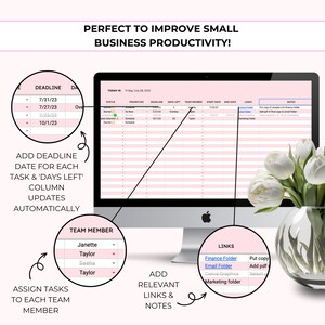 May include: A computer screen displaying a pink and white spreadsheet with the text "PERFECT TO IMPROVE SMALL BUSINESS PRODUCTIVITY!" at the top. The spreadsheet has columns for deadline, days left, team member, start date, end date, links, and notes. The spreadsheet is used to track tasks and deadlines.