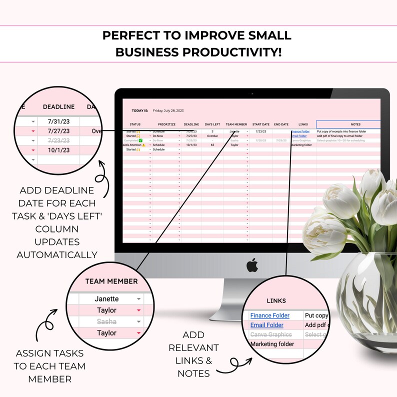 May include: A computer screen displaying a pink and white spreadsheet with the text "PERFECT TO IMPROVE SMALL BUSINESS PRODUCTIVITY!" at the top. The spreadsheet has columns for deadline, days left, team member, start date, end date, links, and notes. The spreadsheet is used to track tasks and deadlines.