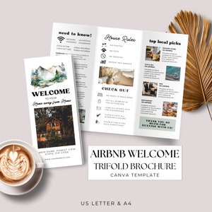 Plantilla Canva del folleto tríptico de bienvenida de Airbnb, propiedad de cabina, folleto de doble cara para plegar, promoción imprimible A4 y carta de EE. UU. editable