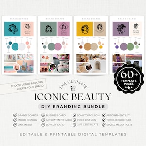 Lot de modèles de logo de marque beauté, panneaux de marque, création de logo, mood board, modèles modifiables de toile de marque bricolage, affiches de cartes, messages Instagram
