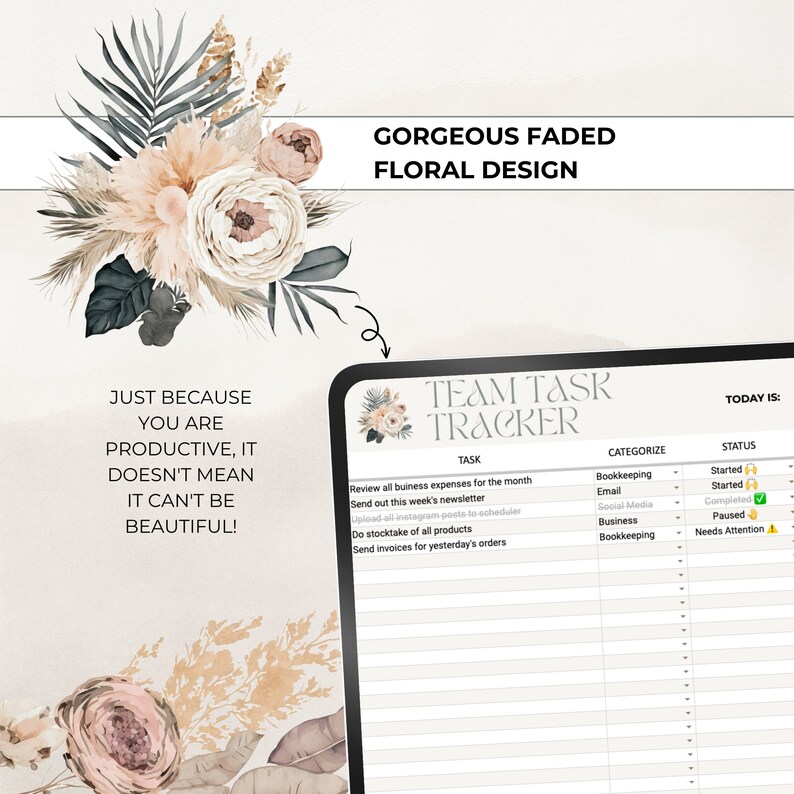 May include: A digital planner with a floral design on the cover. The planner is titled "Team Task Tracker" and has columns for task, categorise, and status. The planner is open to a page with a list of tasks and their corresponding categories and statuses.