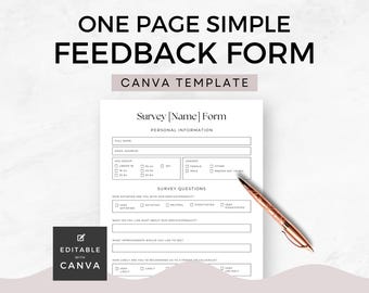 Puede incluir: Una plantilla de formulario de comentarios imprimible en blanco y negro para Canva. El formulario incluye secciones para información personal, preguntas de la encuesta y una escala de calificación. El texto en el formulario dice "Survey [Name] Form", "Personal Information", "Survey Questions", "How satisfied are you with our service/product?", "What do you like most about our service/product?", "What improvements would you like to see?", "How likely are you to recommend us to a friend or colleague?", "Canva Template US Letter".